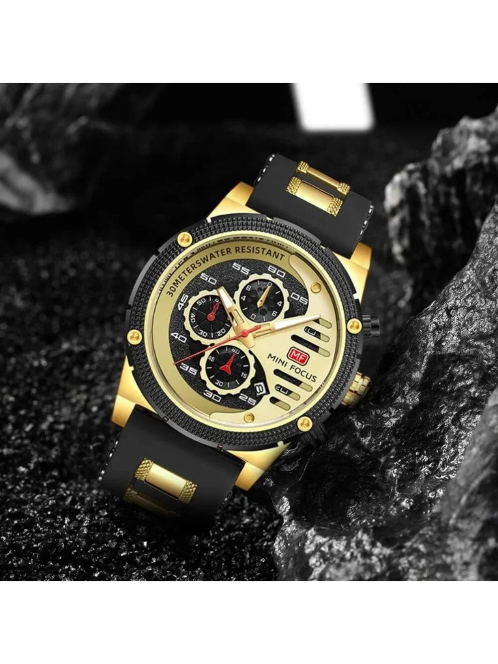 Men's Gold Black Chronograph Waterproof Sport Military Analog Quartz Wristwatch